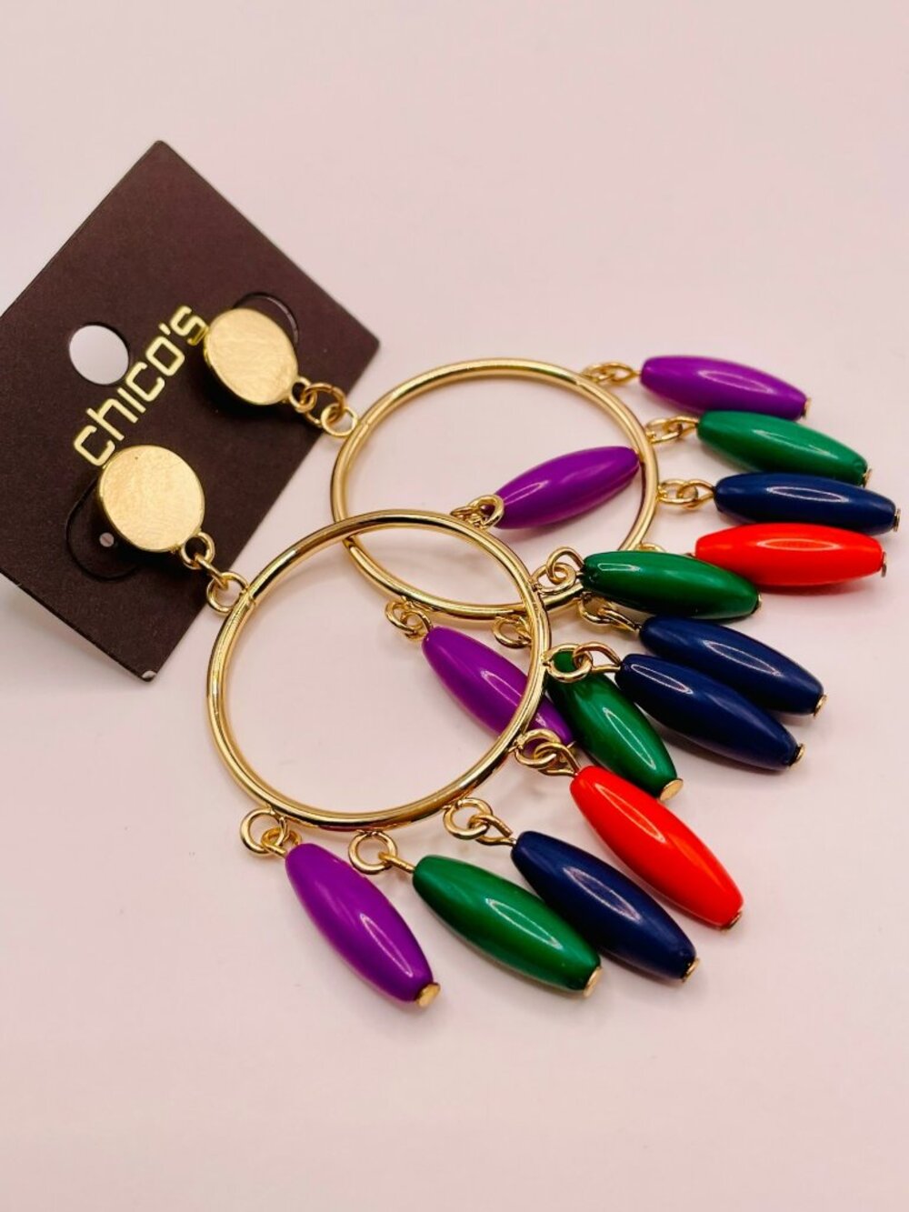 Chicos Gold-Tone Hoop Earrings Multicolor Bead Dangles -3B